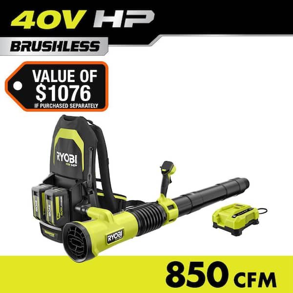 RYOBI 40V HP Brushless Whisper Series 180 MPH 850 CFM Cordless Battery Backpack Leaf Blower with 8.0 Ah Battery and Charger RY40HPLB02K