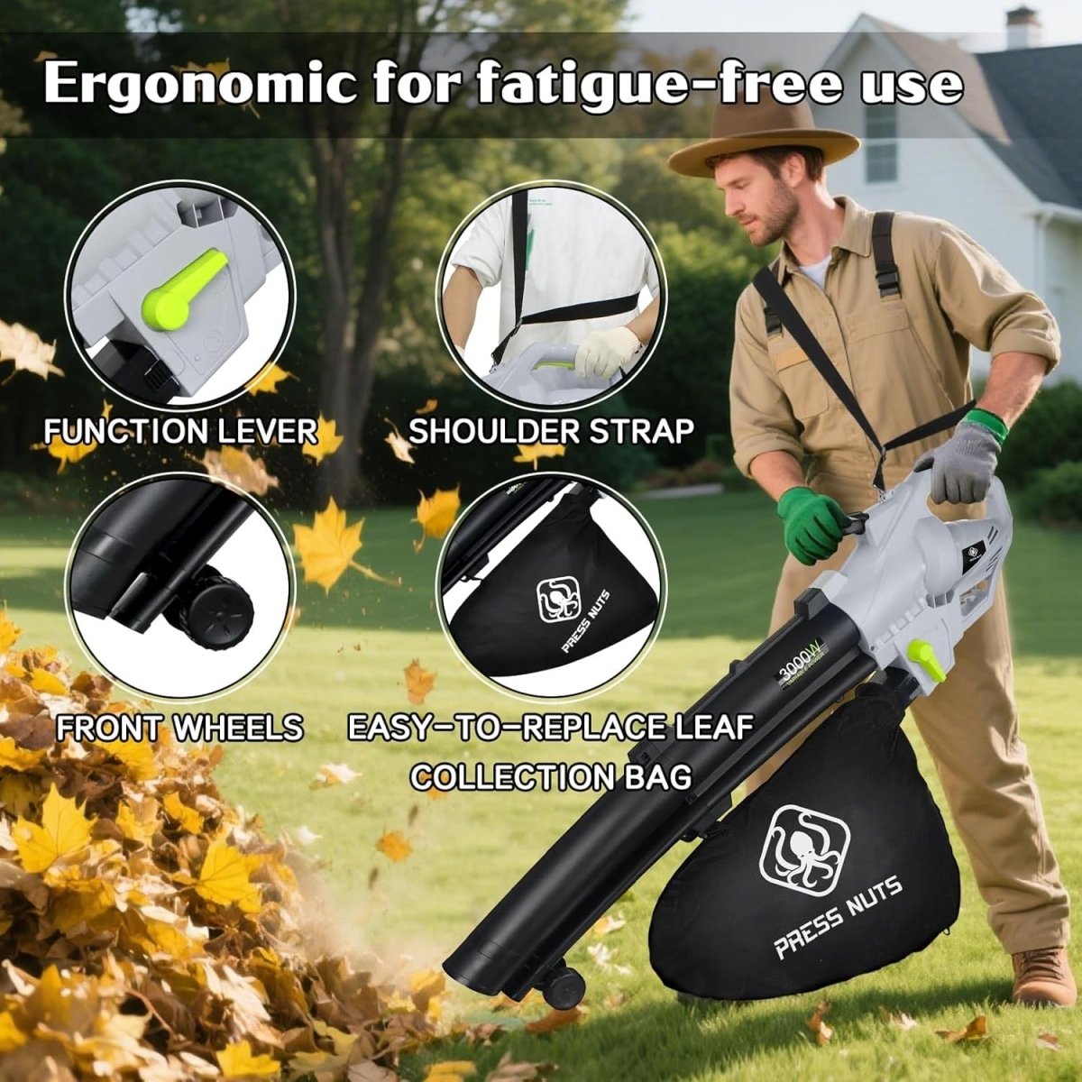 3000W 3-in-1 Garden Leaf Blower Vacuum Shredder 10m Cable 35L Bag