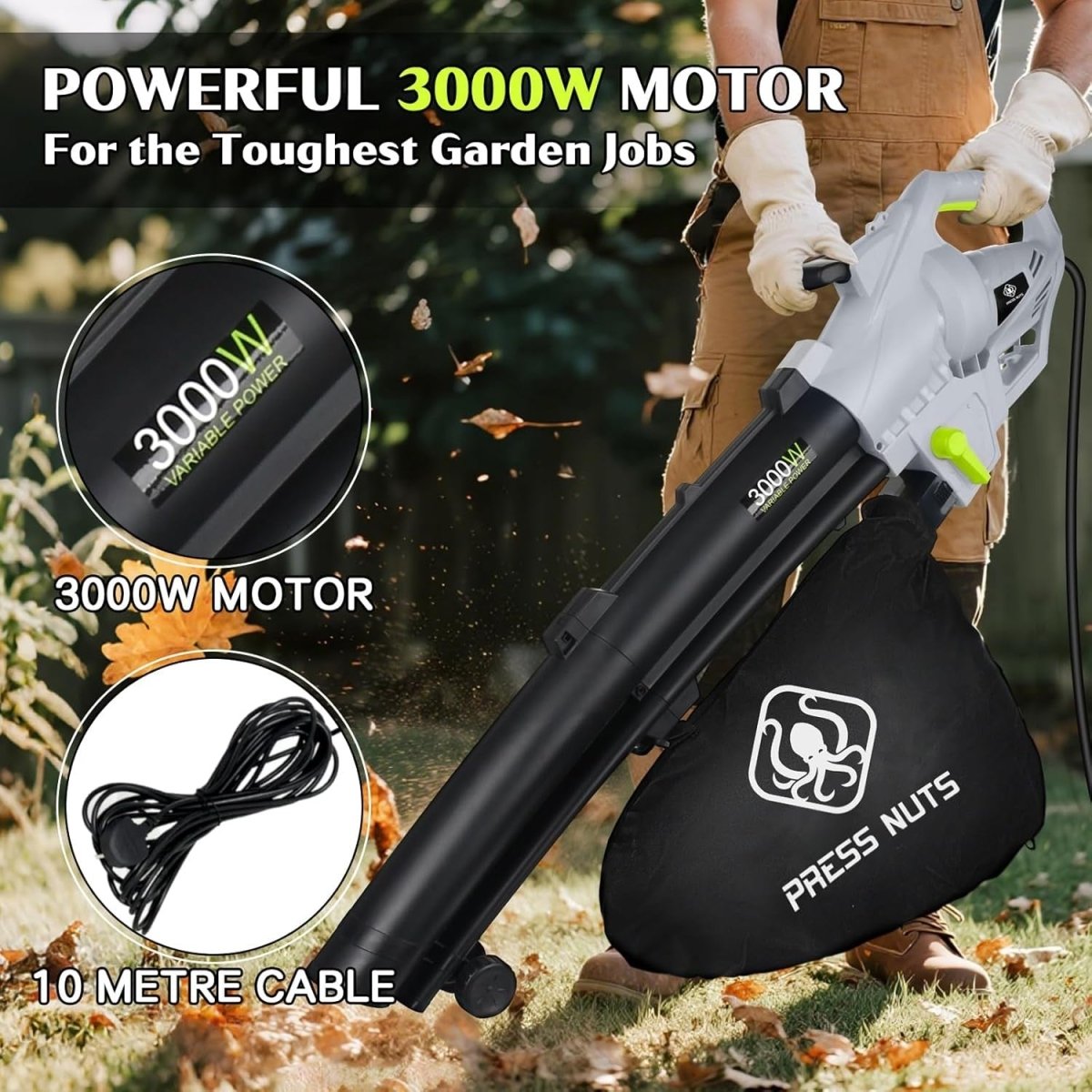 3000W 3-in-1 Garden Leaf Blower Vacuum Shredder 10m Cable 35L Bag