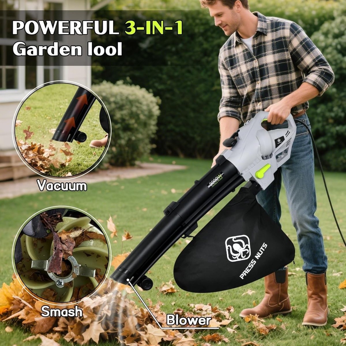 3000W 3-in-1 Garden Leaf Blower Vacuum Shredder 10m Cable 35L Bag