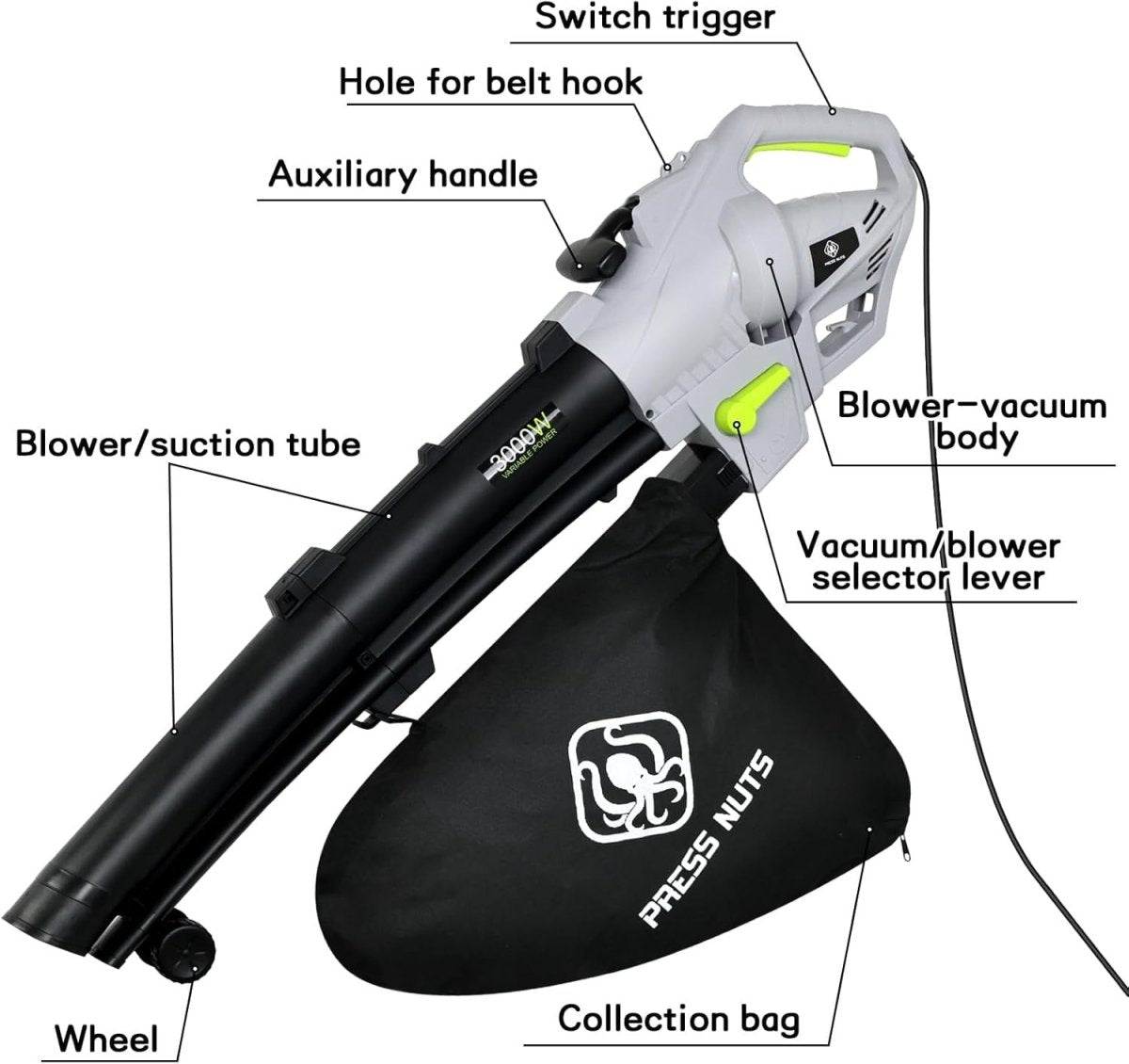3000W 3-in-1 Garden Leaf Blower Vacuum Shredder 10m Cable 35L Bag