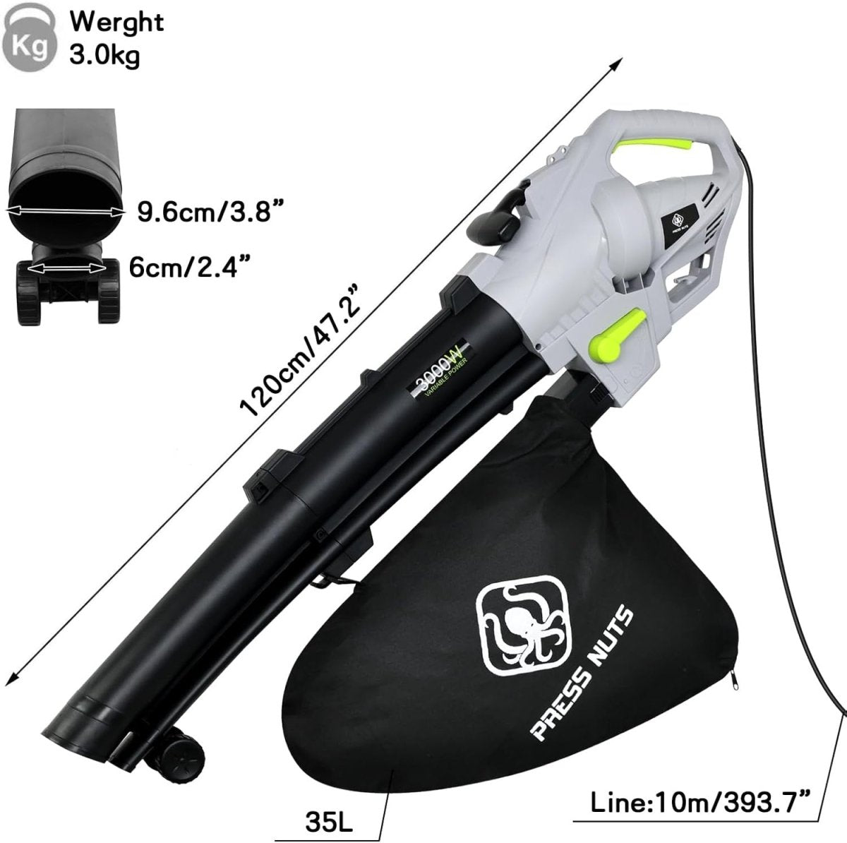3000W 3-in-1 Garden Leaf Blower Vacuum Shredder 10m Cable 35L Bag