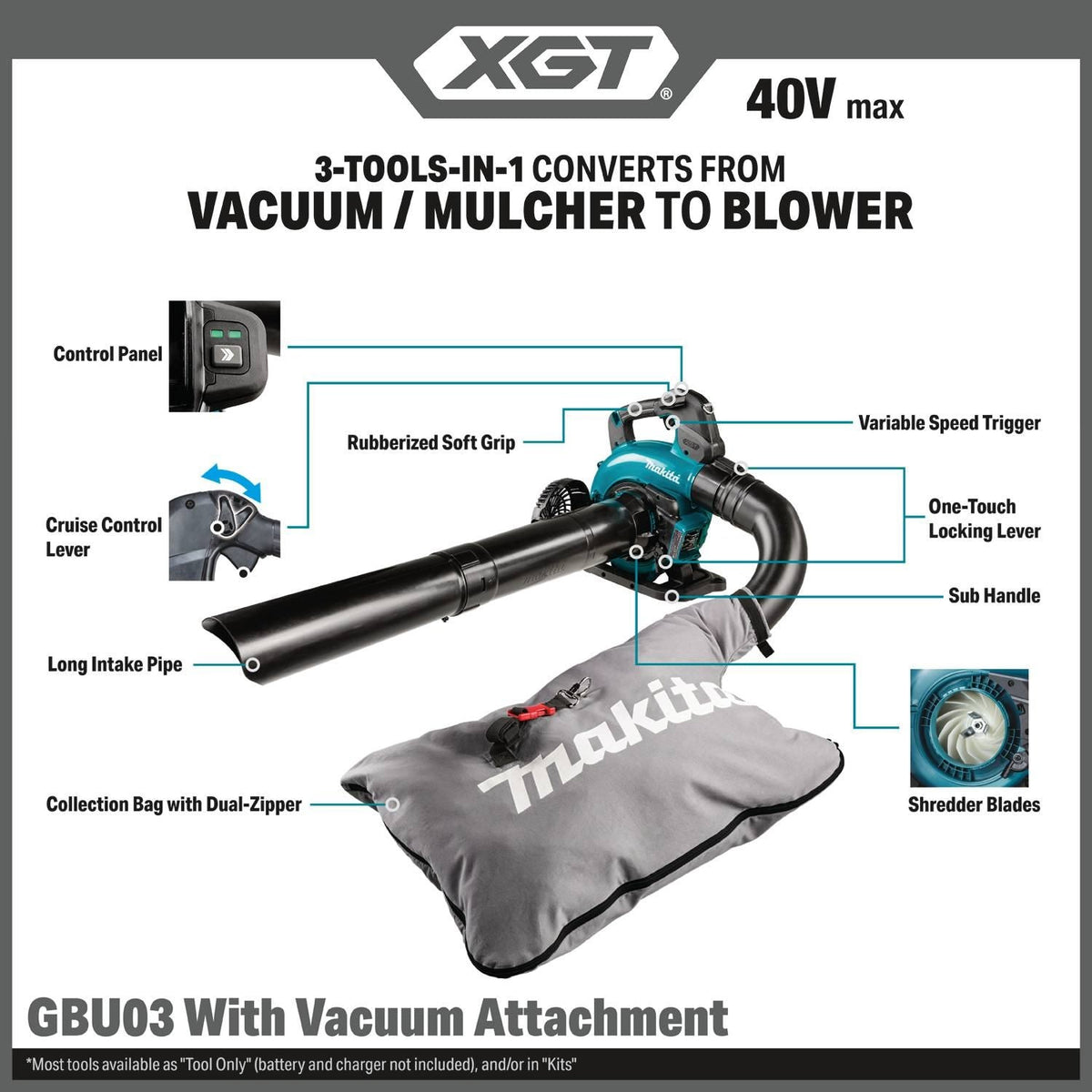 Makita GBU03ZV 40V max XGT Brushless Blower with Vacuum Attachment Tool Only