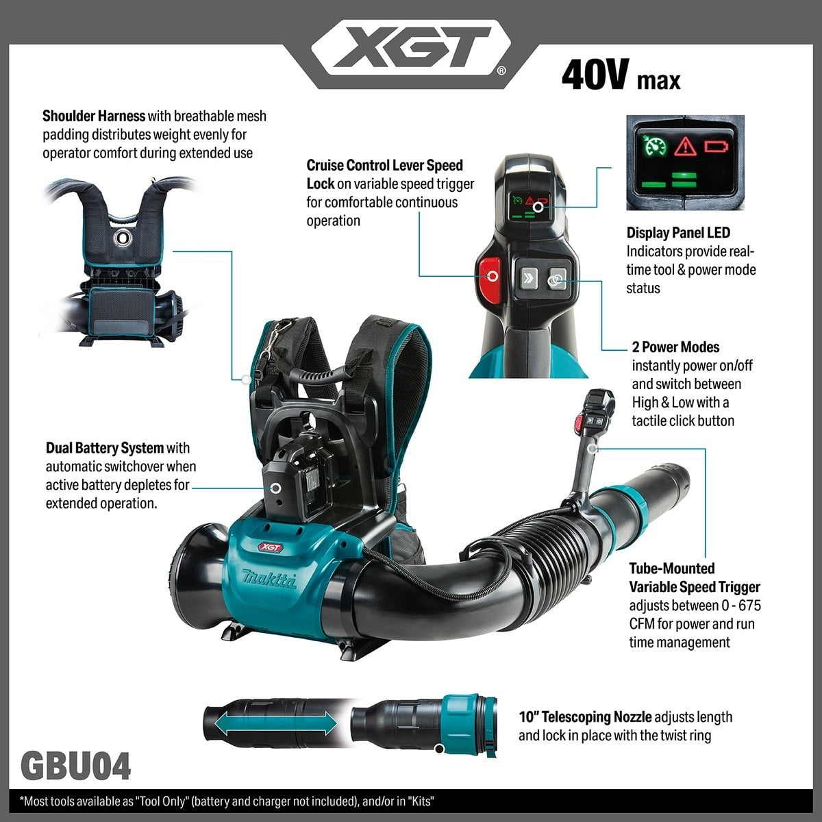 Makita GBU04Z 40V Max XGT Brushless Backpack Blower Tool Only