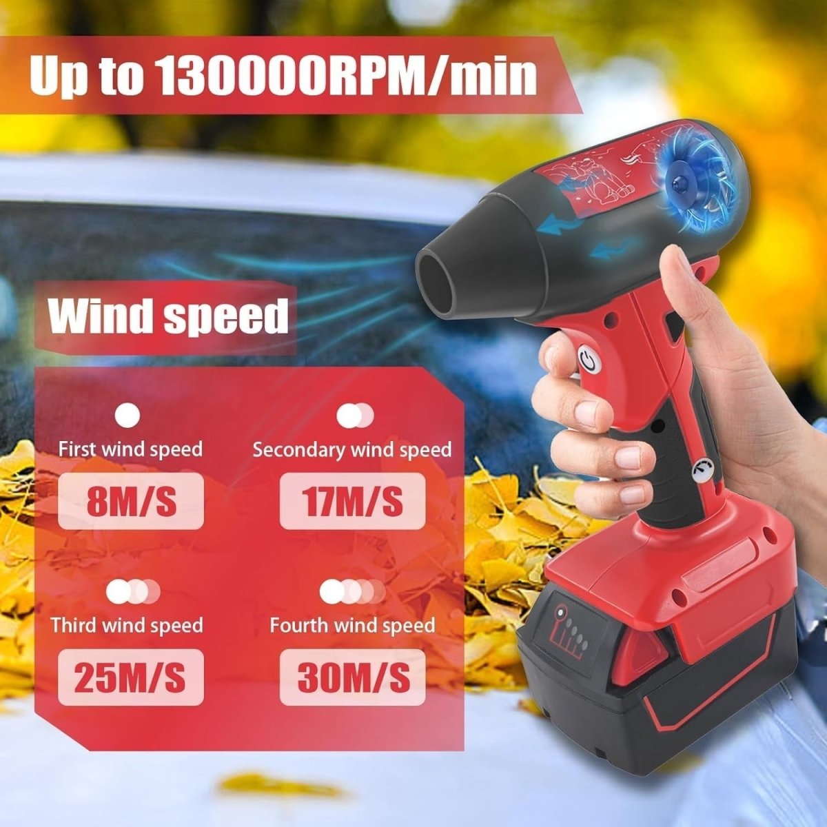 Cordless Leaf Blower 130000RPM Handheld Duster 4 Speed Portable