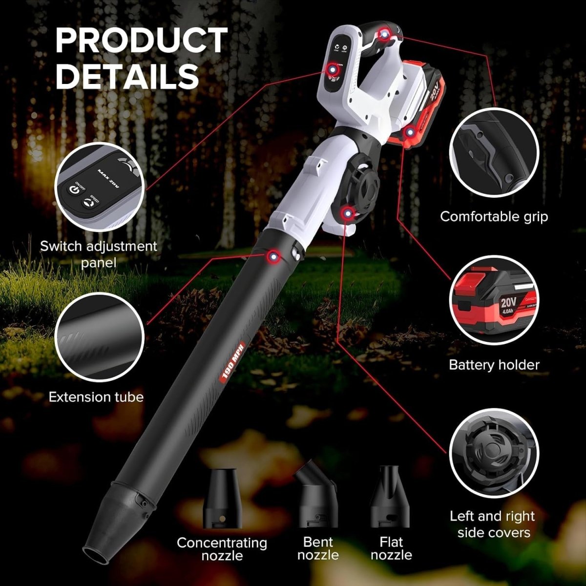 Cordless Leaf Blower 160MPH 3-Speed 21V 2 Batteries Nozzles Garden