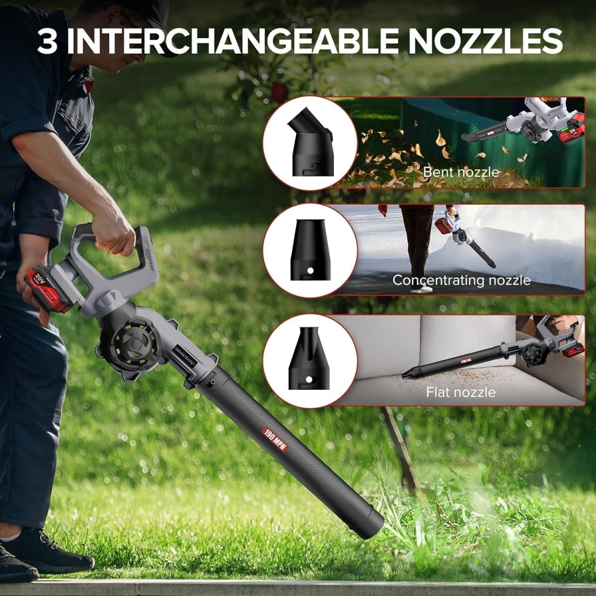 Cordless Leaf Blower 160MPH 3-Speed 21V 2 Batteries Nozzles Garden