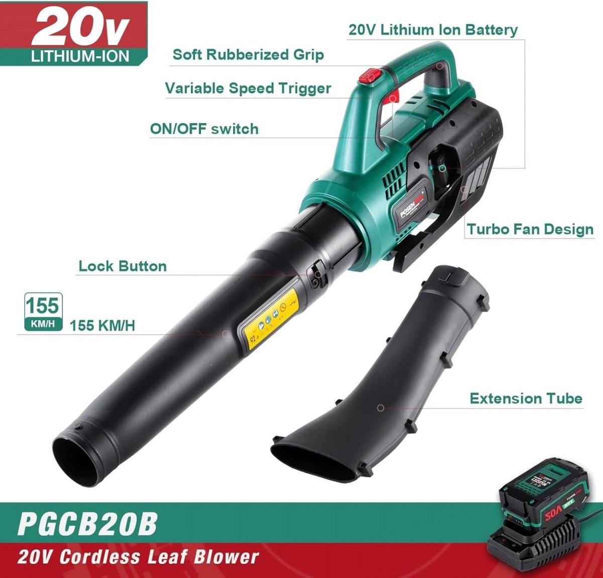 Cordless Leaf Blower 20V 4.0Ah Garden Cleaner 2 Speed High Power