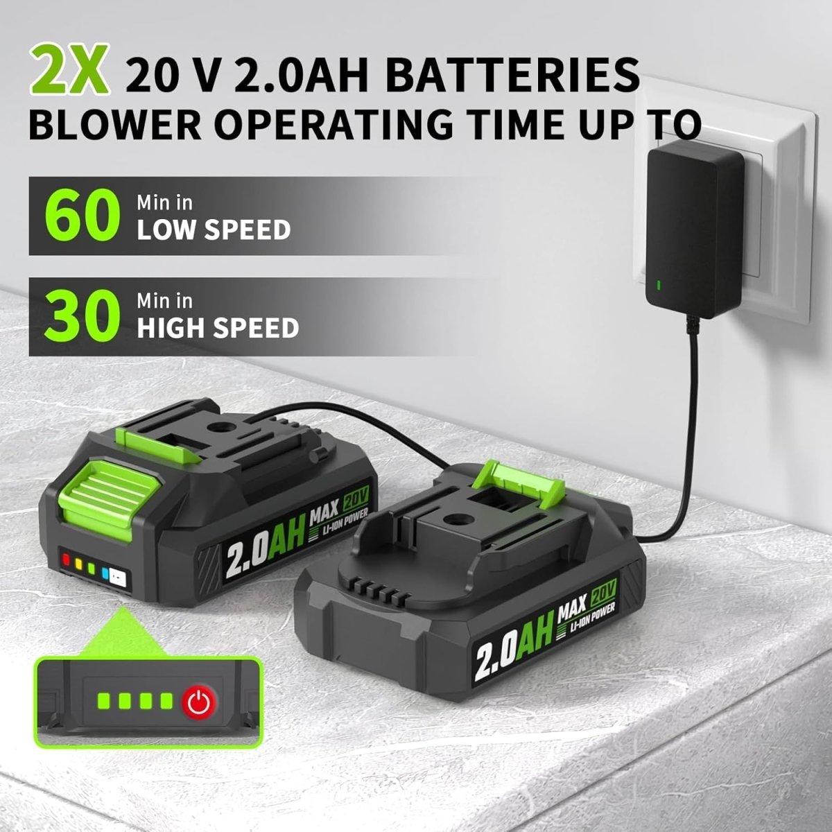 Cordless Leaf Blower 20V Dual Batteries 3 Speed Lightweight Handheld