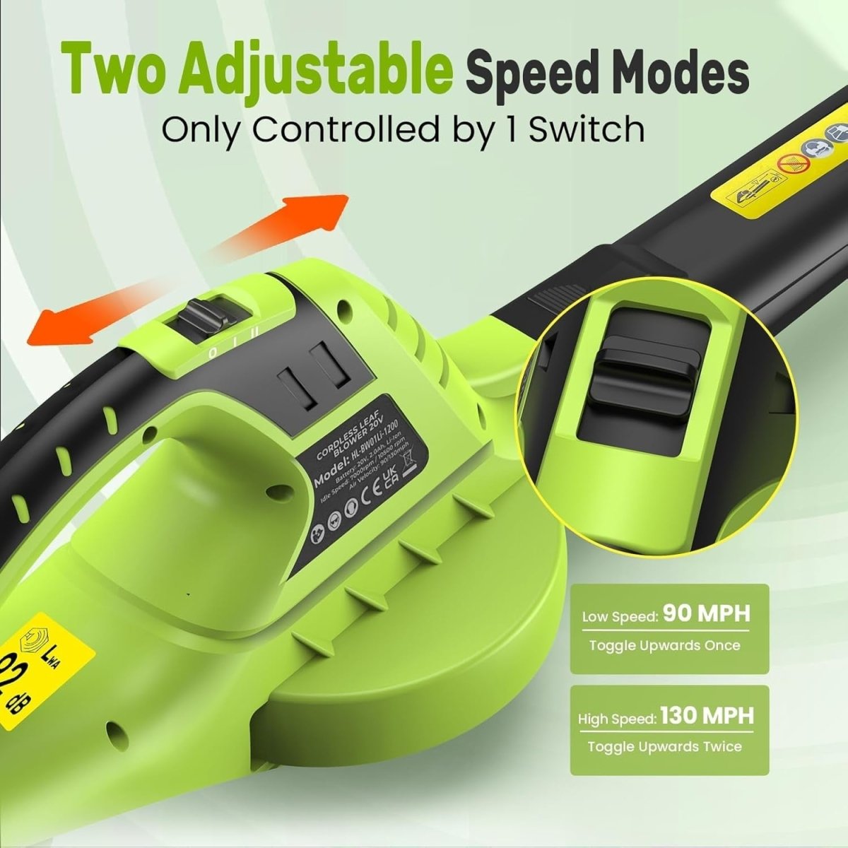 Cordless Leaf Blower 20V Lightweight Electric Garden Cleaner 2 Speed Kit