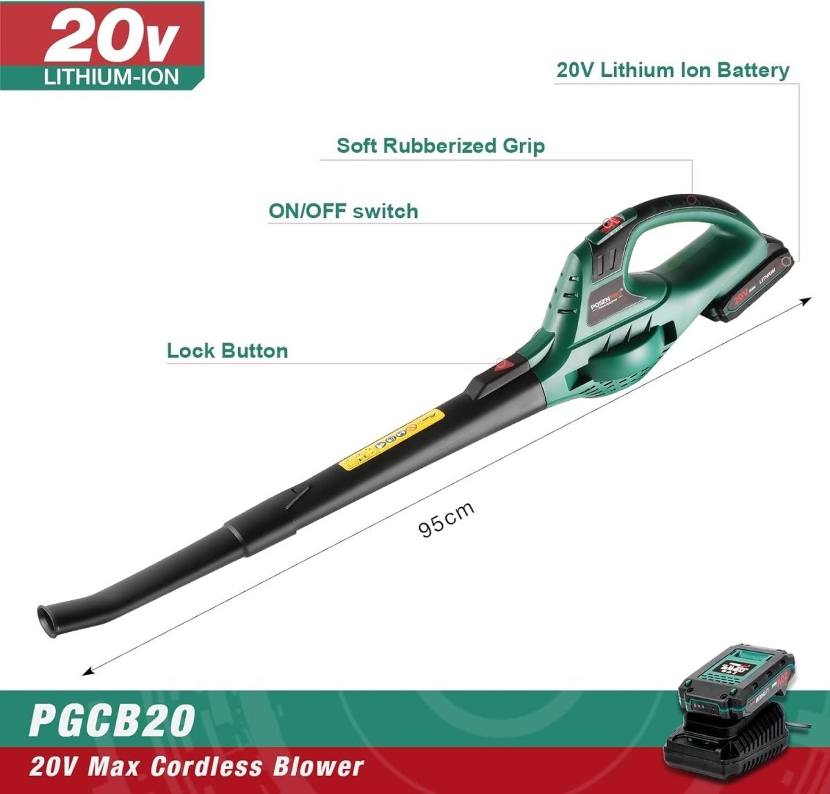 Cordless Leaf Blower 20V Lightweight Garden Cleaner 2 Speed with Battery