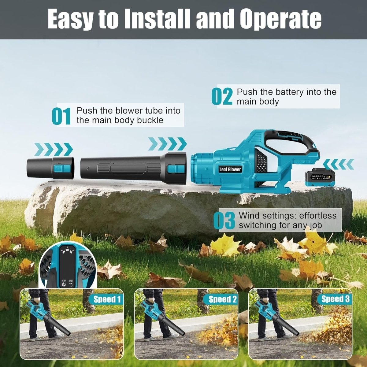 Cordless Leaf Blower 21V 4000mAh Battery 3 Speed Garden Lawn Cleaner