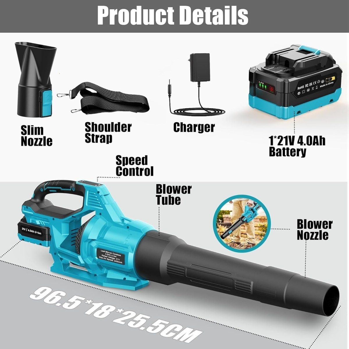 Cordless Leaf Blower 21V 4000mAh Battery 3 Speed Garden Lawn Cleaner