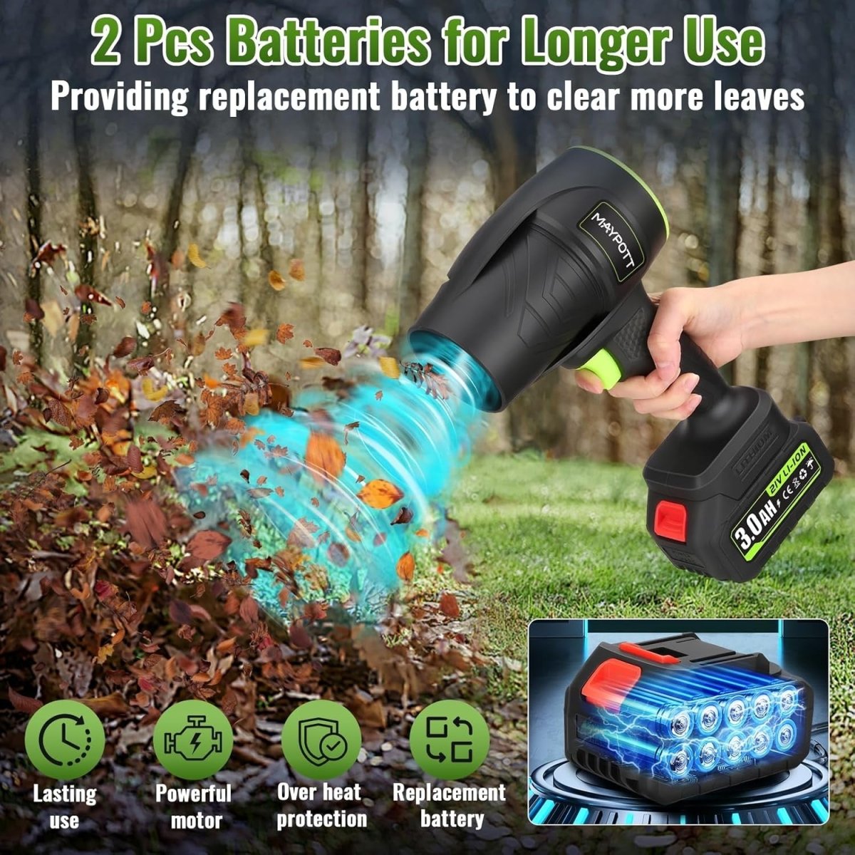 Cordless Leaf Blower 21V Handheld Garden Air Cleaner 2 Batteries