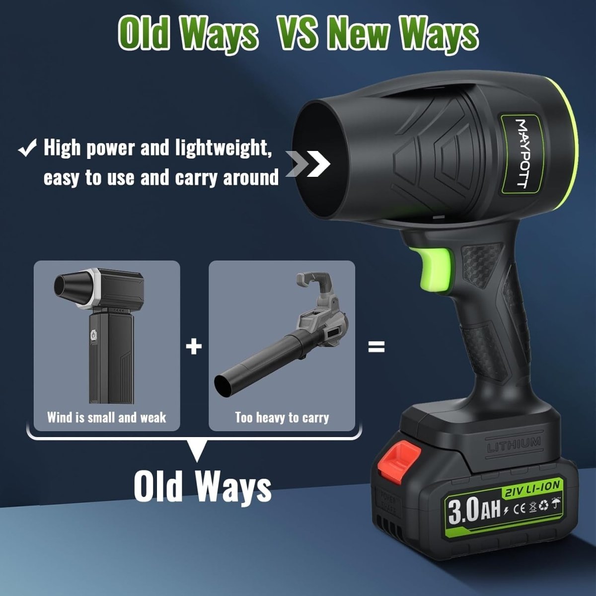 Cordless Leaf Blower 21V Handheld Garden Air Cleaner 2 Batteries