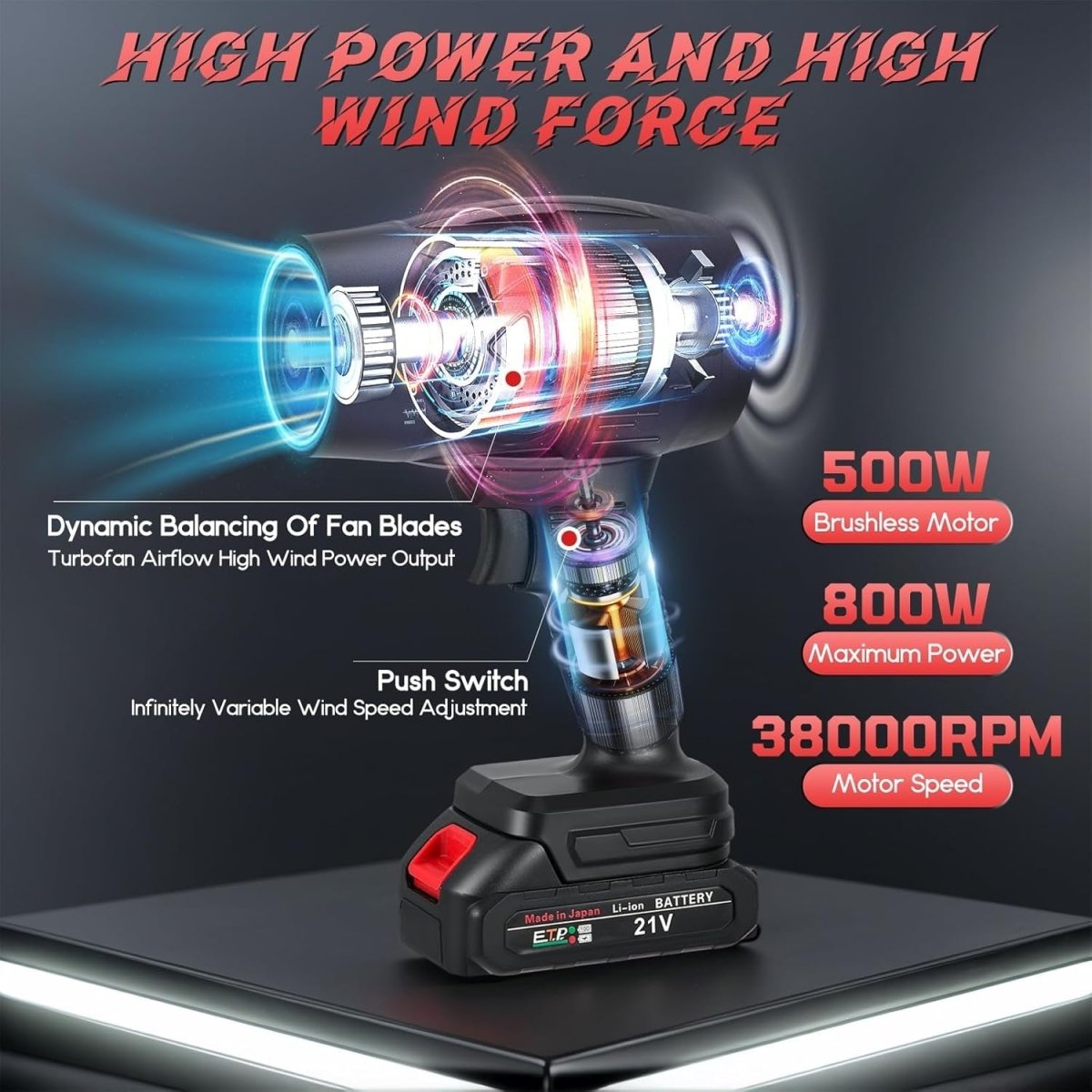 Cordless Leaf Blower 21V Turbo Jet Handheld Lightweight Dust Cleaner