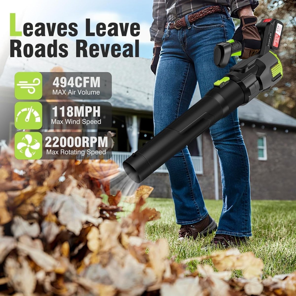 Cordless Leaf Blower 494CFM Lightweight 21V 3-Speed 2 Batteries Turbo