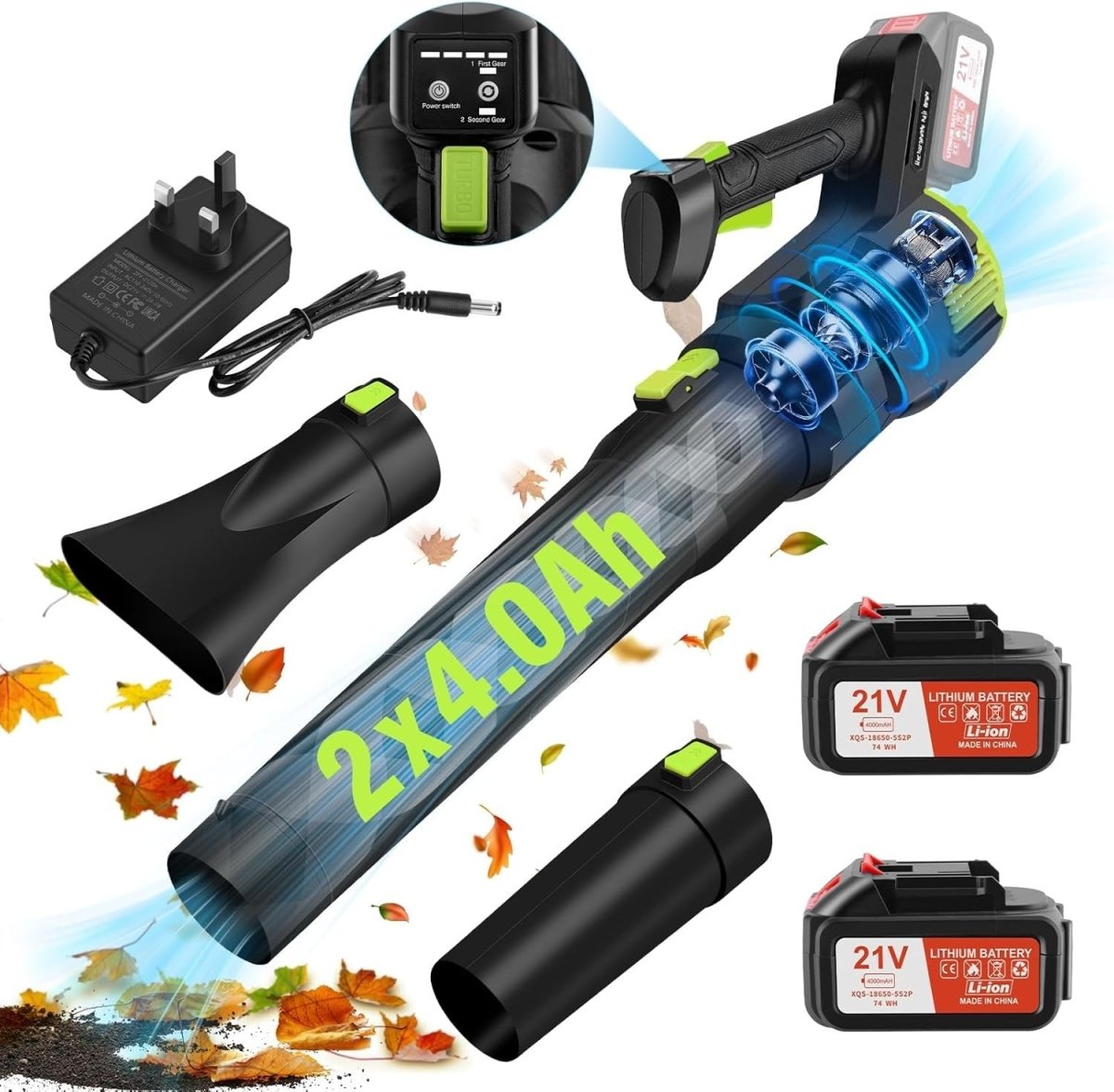 Cordless Leaf Blower 494CFM Lightweight 21V 3 - Speed 2 Batteries Turbo - Kwikley