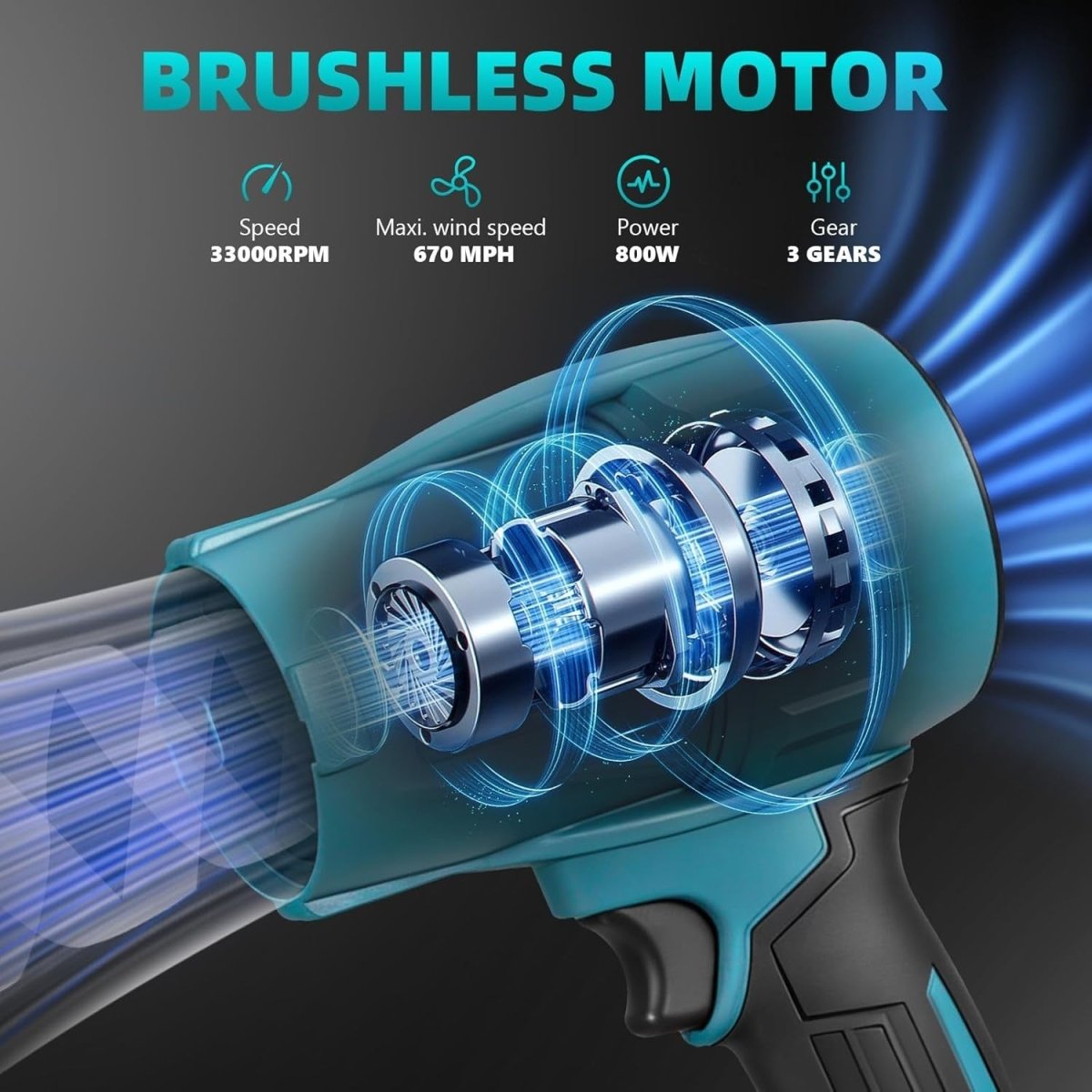 Cordless Leaf Blower Brushless 33000RPM 3 Speed 2 Batteries