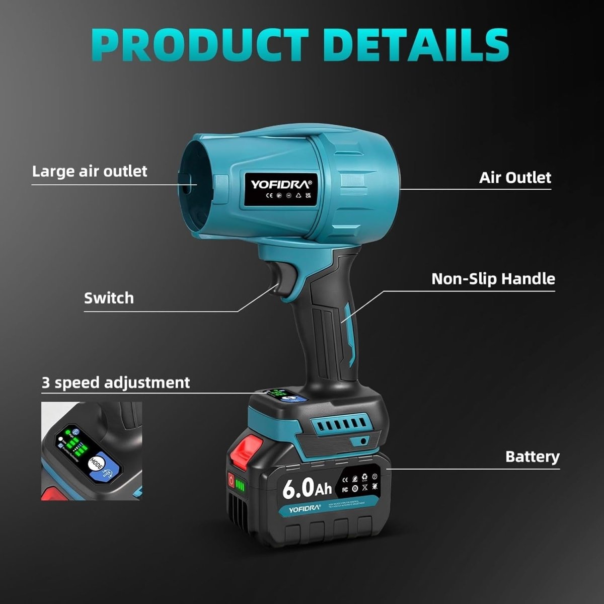 Cordless Leaf Blower Brushless 33000RPM 3 Speed 2 Batteries