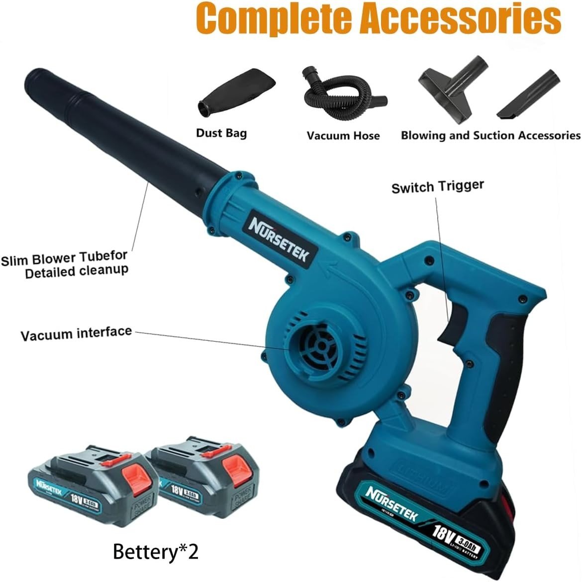 Cordless Leaf Blower Vacuum 2-in-1 with 2 Batteries Lightweight Garden Cleaner