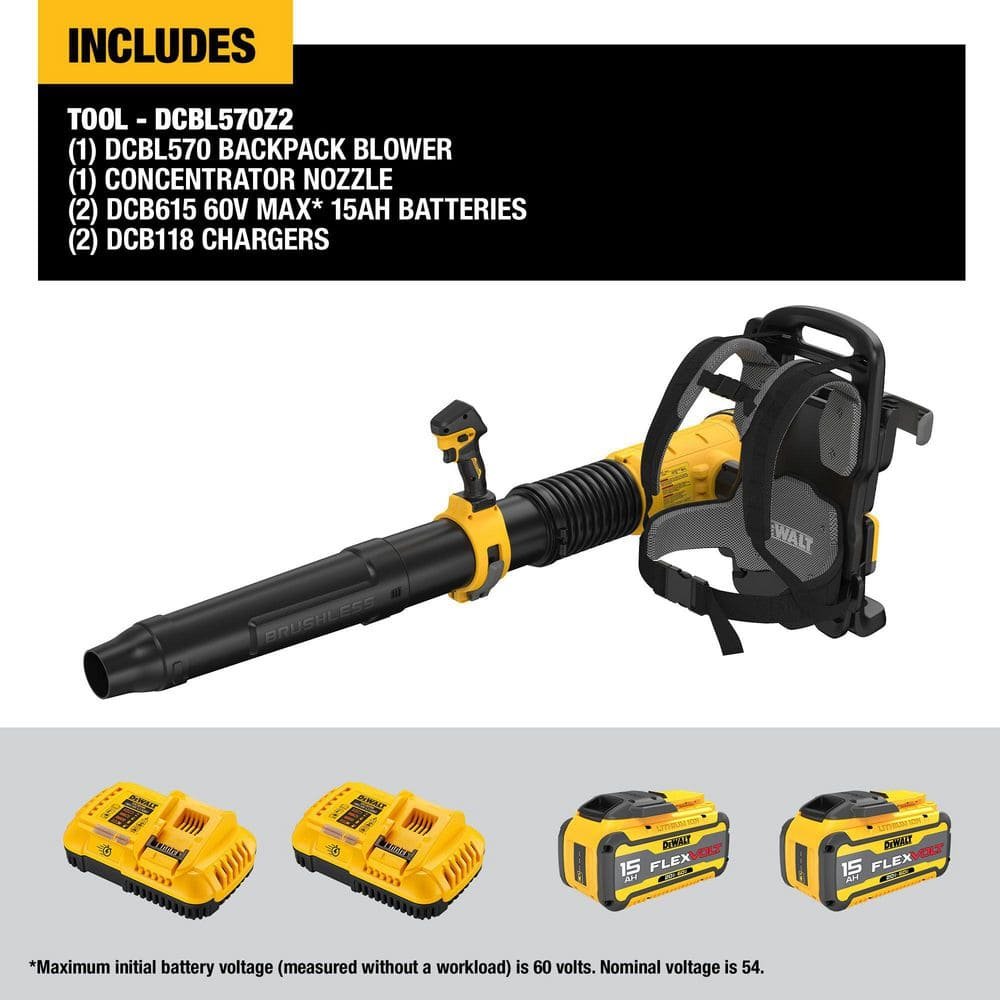 DEWALT FLEXVOLT 60V MAX 855 CFM 160 MPH Cordless Battery Powered Backpack Blower with (2) 5.0 Ah Batteries and Chargers DCBL570Z2