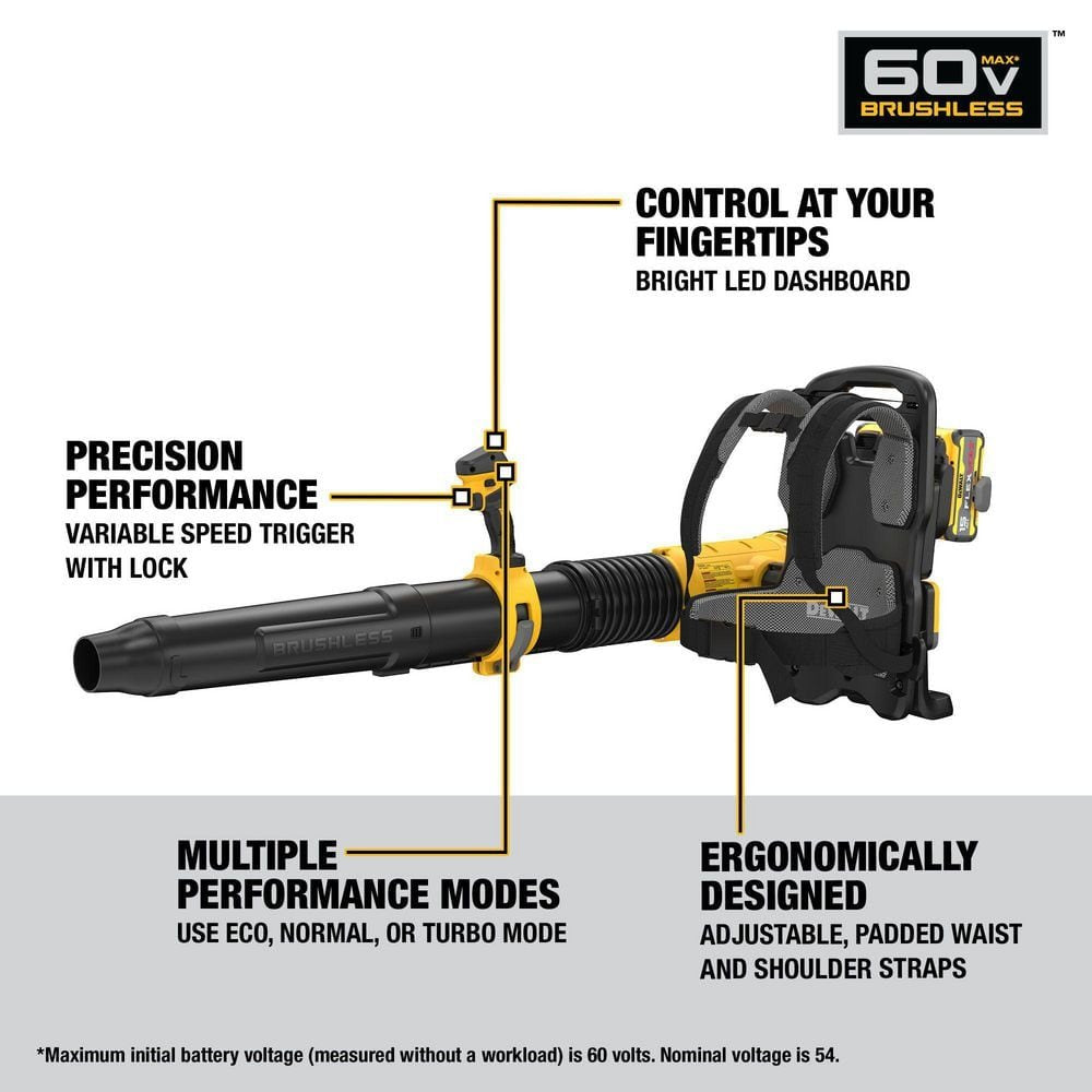 DEWALT FLEXVOLT 60V MAX 855 CFM 160 MPH Cordless Battery Powered Backpack Blower with (2) 5.0 Ah Batteries and Chargers DCBL570Z2