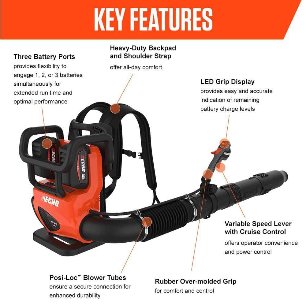 ECHO 56V 195 MPH 795 CFM Cordless Battery Backpack Blower w/Tube Throttle and (2) 5.0Ah Batteries and Dual Port Charger DPB-5800TD2-2