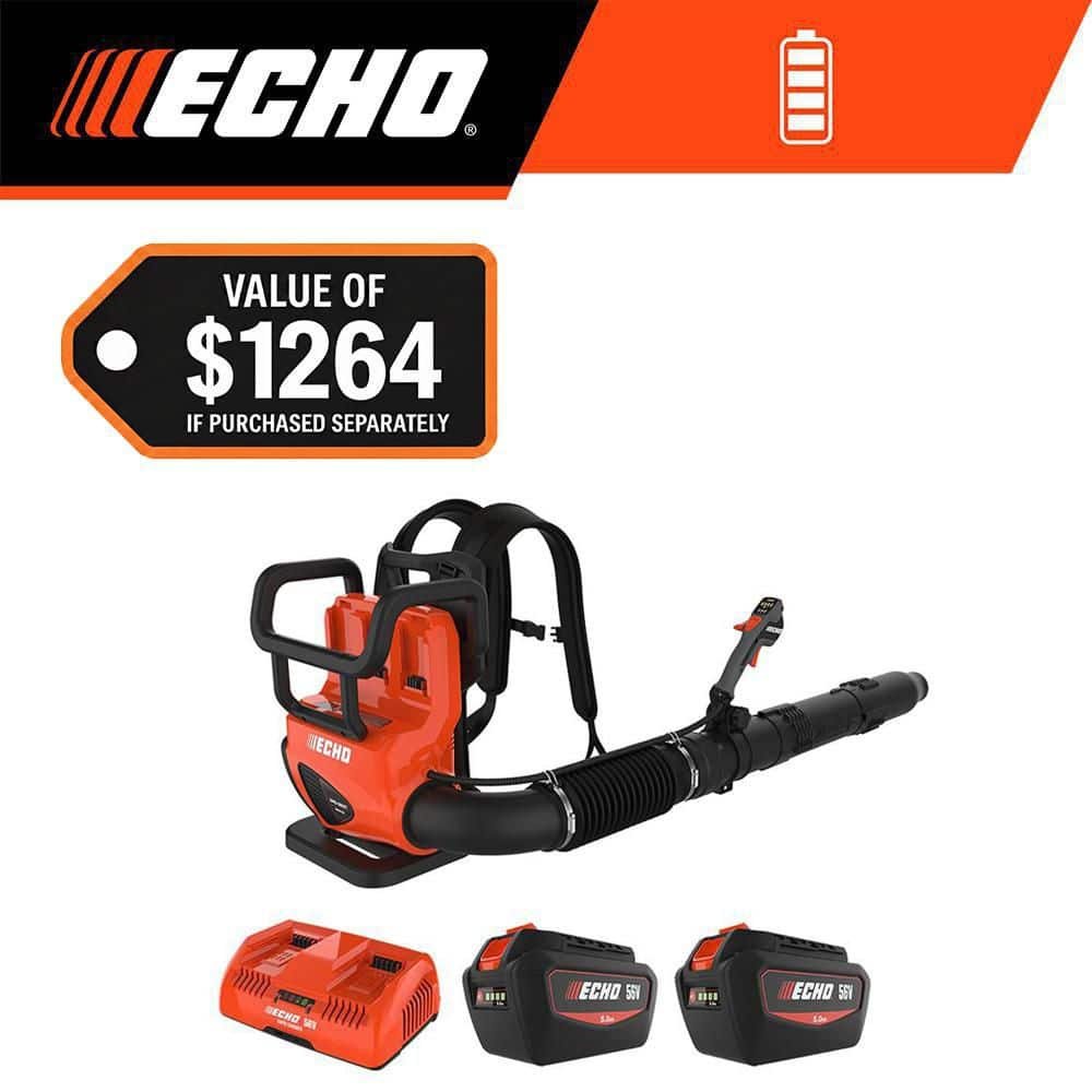 ECHO 56V 195 MPH 795 CFM Cordless Battery Backpack Blower w/Tube Throttle and (2) 5.0Ah Batteries and Dual Port Charger DPB-5800TD2-2