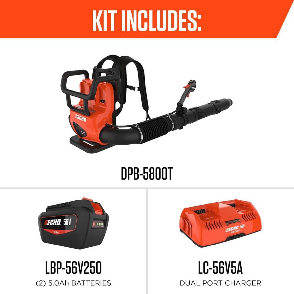ECHO 56V 195 MPH 795 CFM Cordless Battery Backpack Blower w/Tube Throttle and (2) 5.0Ah Batteries and Dual Port Charger DPB-5800TD2-2