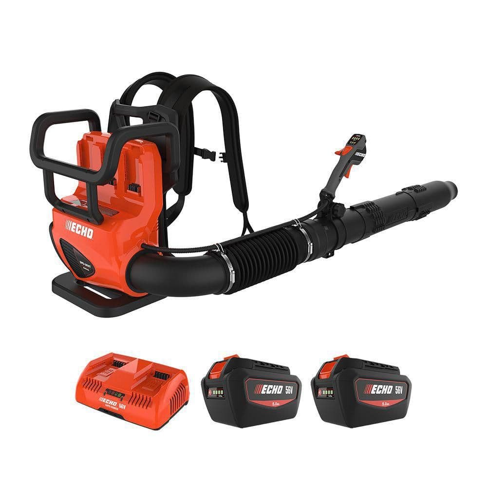 ECHO 56V 195 MPH 795 CFM Cordless Battery Backpack Blower w/Tube Throttle and (2) 5.0Ah Batteries and Dual Port Charger DPB-5800TD2-2