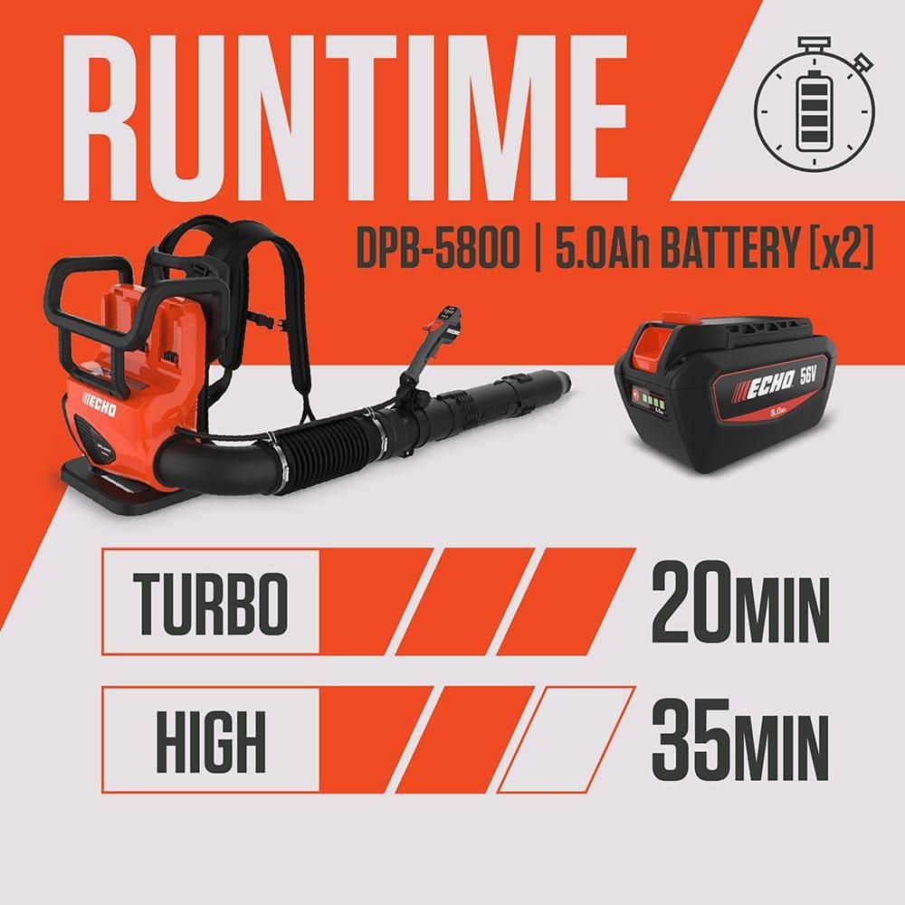 ECHO 56V 195 MPH 795 CFM Cordless Battery Backpack Blower w/Tube Throttle and (2) 5.0Ah Batteries and Dual Port Charger DPB-5800TD2-2
