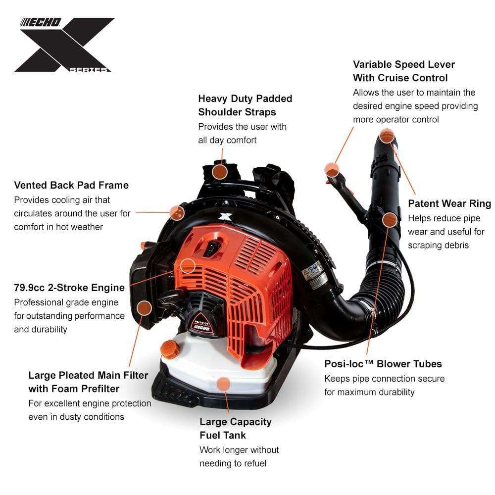 ECHO 240 MPH 835 CFM 79.9cc Gas 2-Stroke X Series Backpack Leaf Blower with Tube-Mounted Throttle PB-7910T