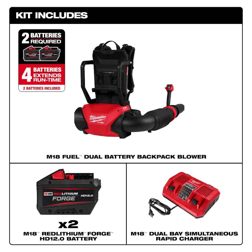 Milwaukee M18 FUEL 155 MPH 650 CFM 18V Brushless Cordless Battery Backpack Blower w/ (2) 12.0 Ah FORGE Batteries, Charger 3009-22HD