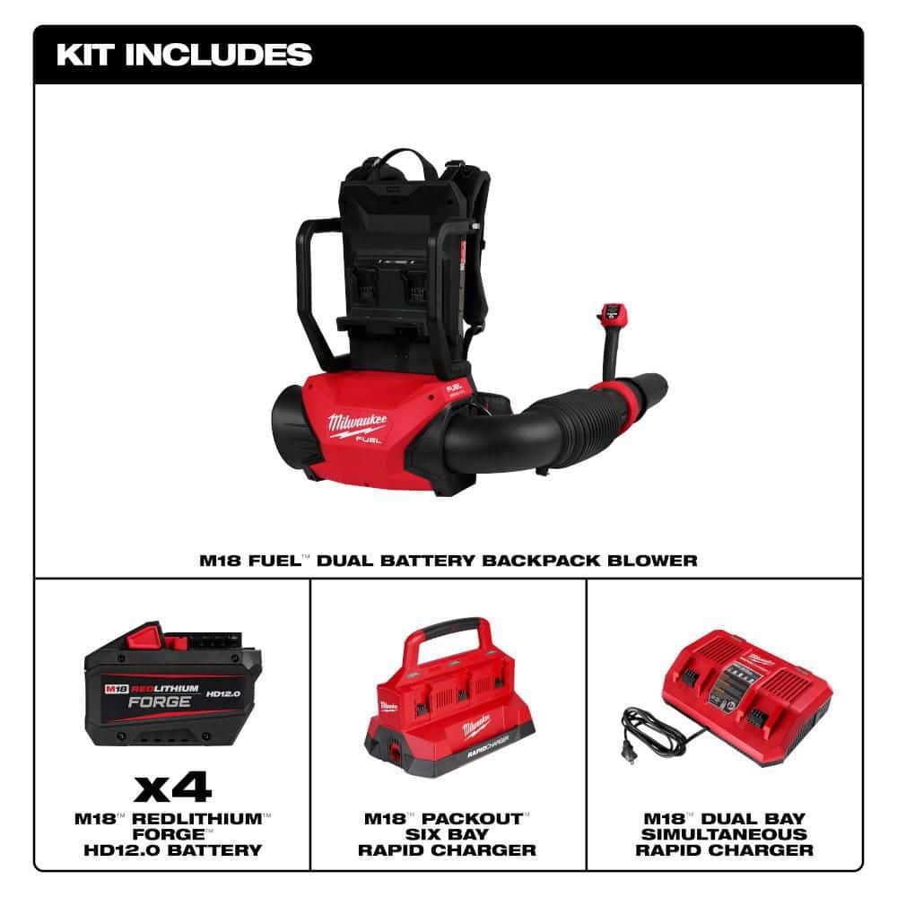 Milwaukee M18 FUEL 155 MPH 650 CFM 18V Brushless Cordless Battery Backpack Blower w/ (4) 12.0 Ah FORGE Batteries, PACKOUT Charger 3009-22HD-48-59-1842F