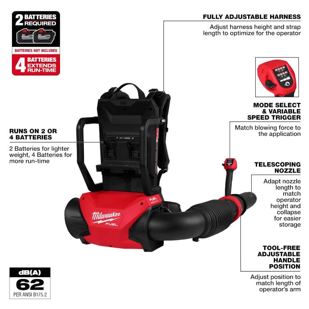 Milwaukee M18 FUEL 155 MPH 650 CFM 18V Brushless Cordless Battery Backpack Blower w/ (2) 12.0 Ah FORGE Batteries, Charger 3009-22HD