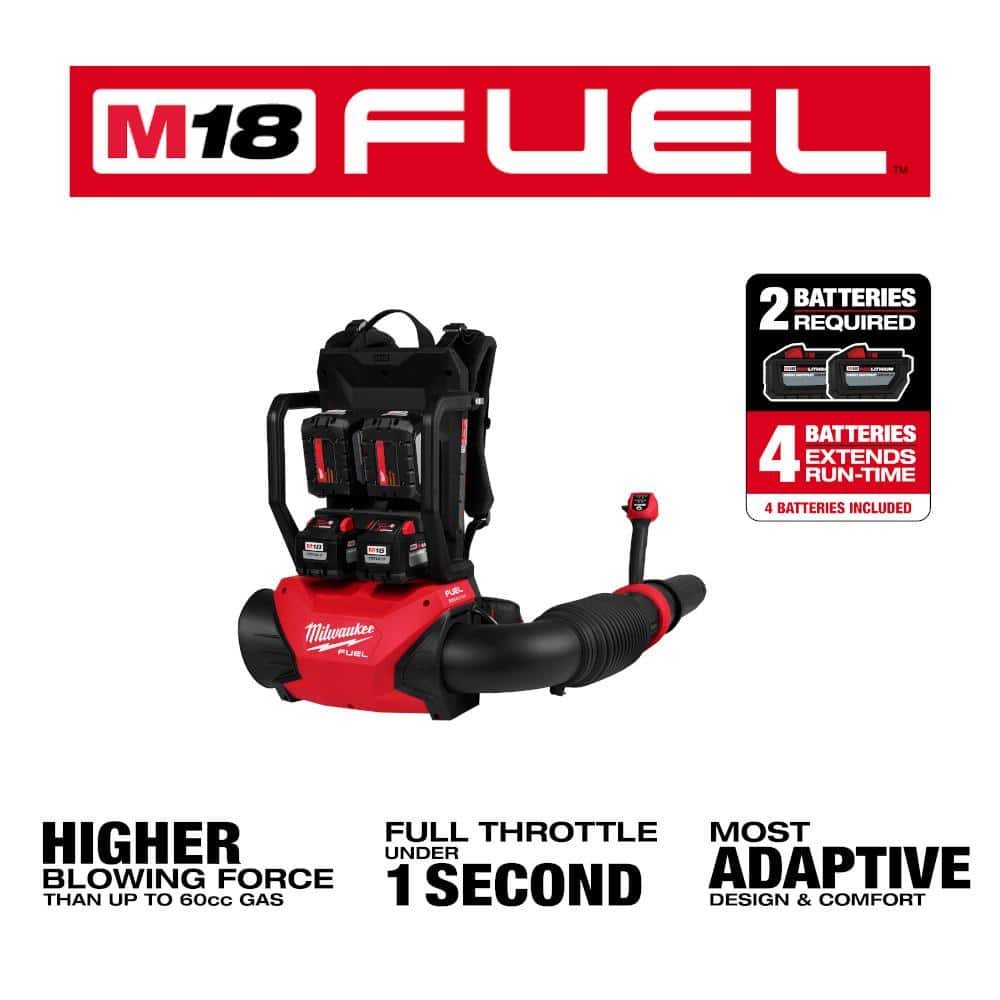 Milwaukee M18 FUEL 155 MPH 650 CFM 18V Brushless Cordless Dual Battery Backpack Blower Kit w/(4) 12.0 Ah Batteries, (2) Chargers 3009-24HD