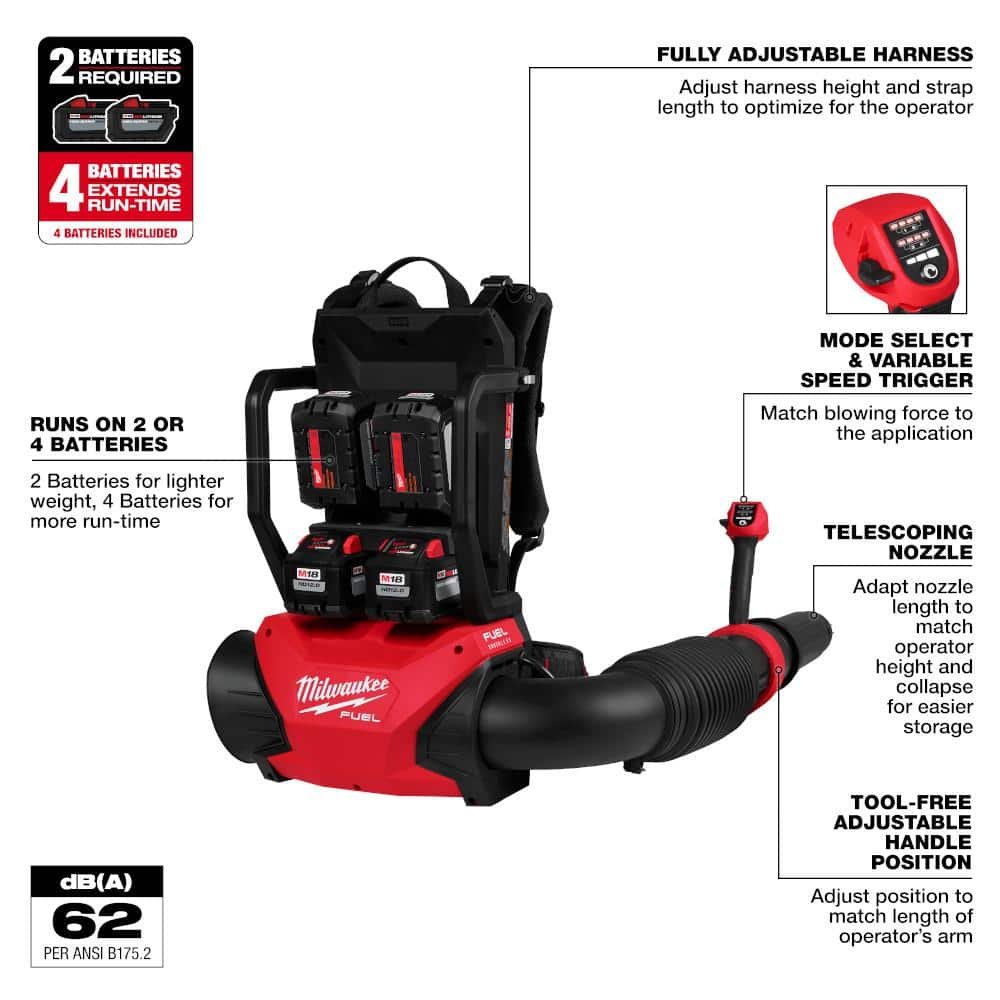 Milwaukee M18 FUEL 155 MPH 650 CFM 18V Brushless Cordless Dual Battery Backpack Blower Kit w/(4) 12.0 Ah Batteries, (2) Chargers 3009-24HD