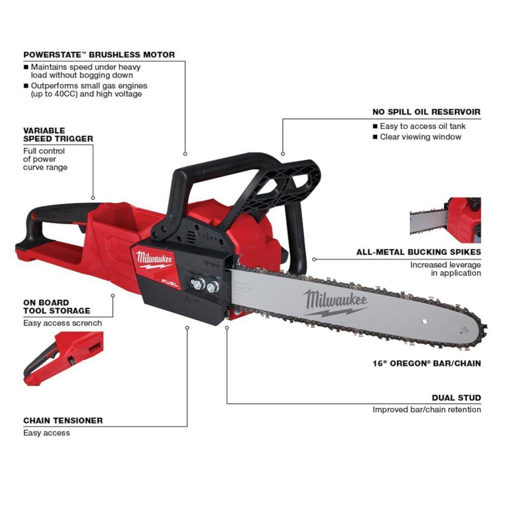 Milwaukee M18 FUEL 120 MPH 500 CFM 18V Brushless Cordless Battery Powered Blower Kit w/ 16 in. Chainsaw, 12.0 Ah Battery, Charger 3017-21HD-2727-20
