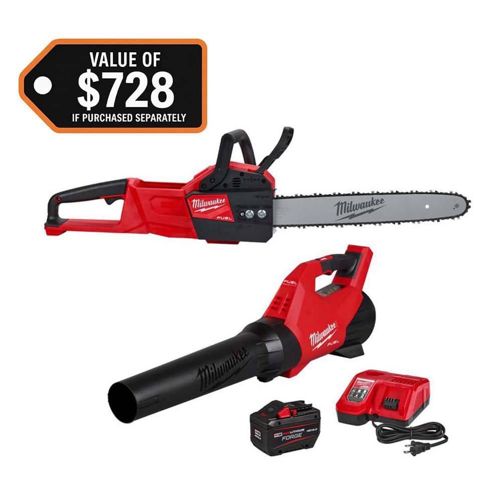 Milwaukee M18 FUEL 120 MPH 500 CFM 18V Brushless Cordless Battery Powered Blower Kit w/ 16 in. Chainsaw, 12.0 Ah Battery, Charger 3017-21HD-2727-20