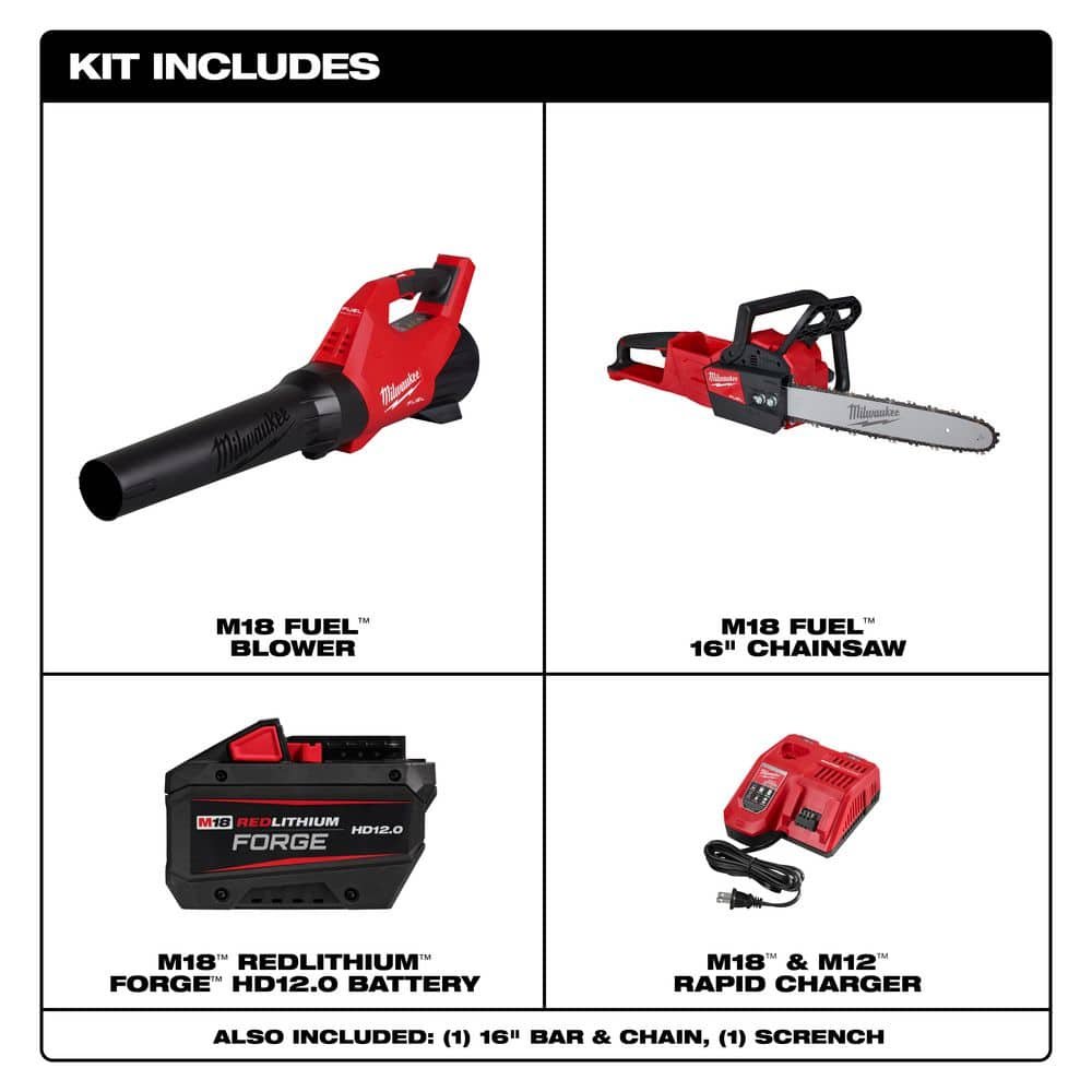 Milwaukee M18 FUEL 120 MPH 500 CFM 18V Brushless Cordless Battery Powered Blower Kit w/ 16 in. Chainsaw, 12.0 Ah Battery, Charger 3017-21HD-2727-20