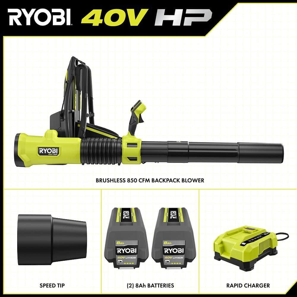 RYOBI 40V HP Brushless Whisper Series 180 MPH 850 CFM Cordless Battery Backpack Leaf Blower with 8.0 Ah Battery and Charger RY40HPLB02K
