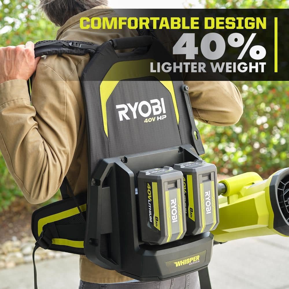 RYOBI 40V HP Brushless Whisper Series 180 MPH 850 CFM Cordless Battery Backpack Leaf Blower with 8.0 Ah Battery and Charger RY40HPLB02K