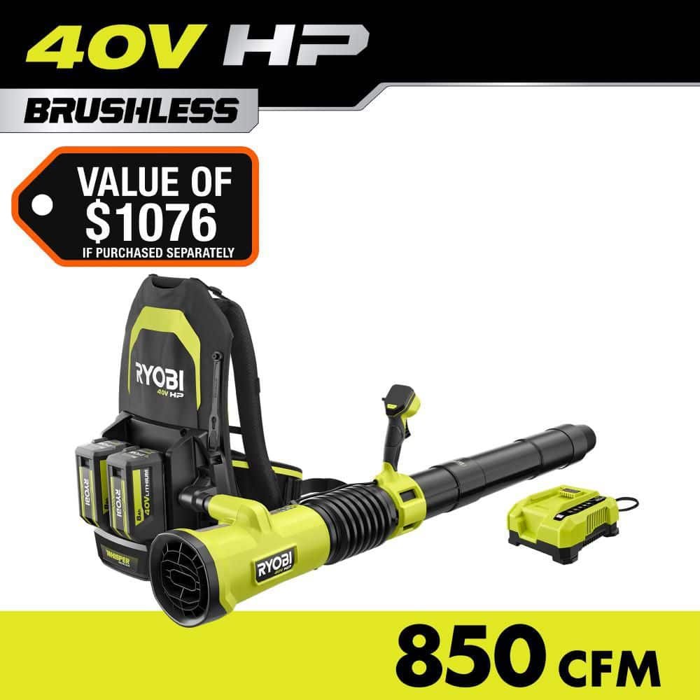 RYOBI 40V HP Brushless Whisper Series 180 MPH 850 CFM Cordless Battery Backpack Leaf Blower with 8.0 Ah Battery and Charger RY40HPLB02K