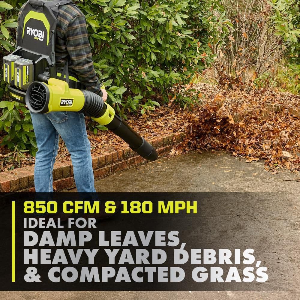 RYOBI 40V HP Brushless Whisper Series 180 MPH 850 CFM Cordless Battery Backpack Leaf Blower with 8.0 Ah Battery and Charger RY40HPLB02K