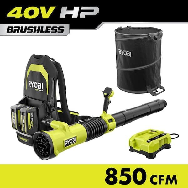 RYOBI 40V HP Brushless 850 CFM Whisper Series Blower with (2) 8.0 Ah Batteries, Rapid Charger and Lawn and Leaf Bag RY40HPLB02K-AC04313