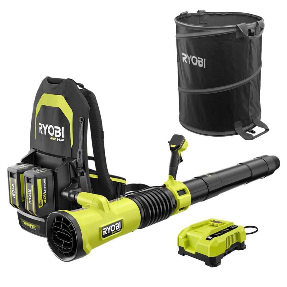 RYOBI 40V HP Brushless 850 CFM Whisper Series Blower with (2) 8.0 Ah Batteries, Rapid Charger and Lawn and Leaf Bag RY40HPLB02K-AC04313