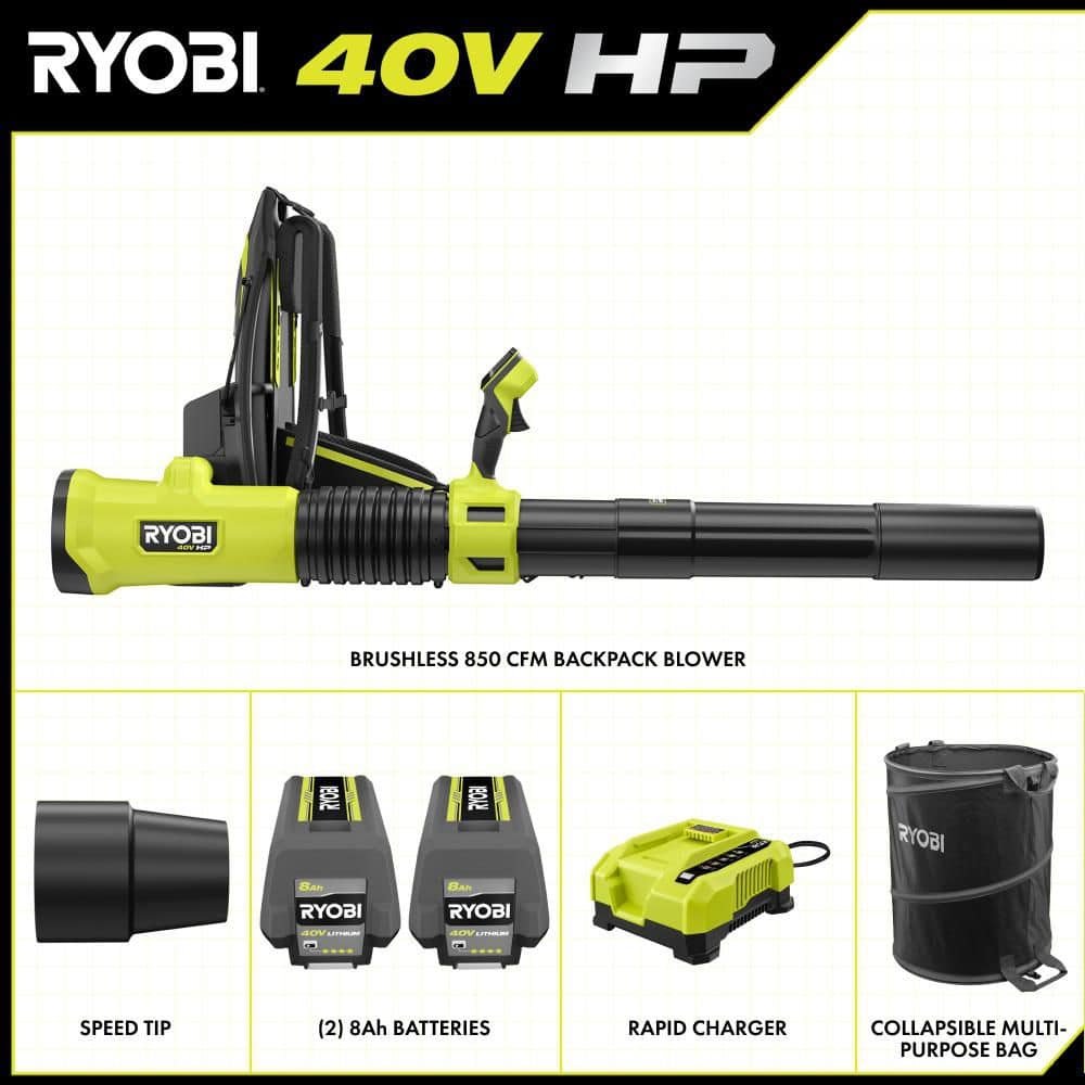 RYOBI 40V HP Brushless 850 CFM Whisper Series Blower with (2) 8.0 Ah Batteries, Rapid Charger and Lawn and Leaf Bag RY40HPLB02K-AC04313